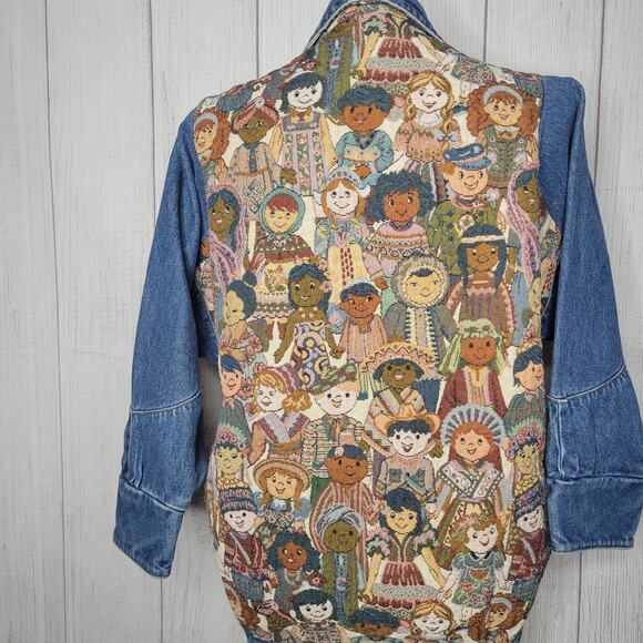 Vintage 90s Teacher Its A Small World Tapestry Jean Jacket Womens Size Medium - Picture 1 of 16